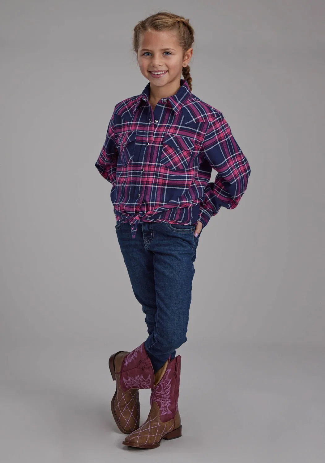 Roper Kids Girls 2206 Unlined Flannel Blue/Pink 100% Cotton L/S Shirt