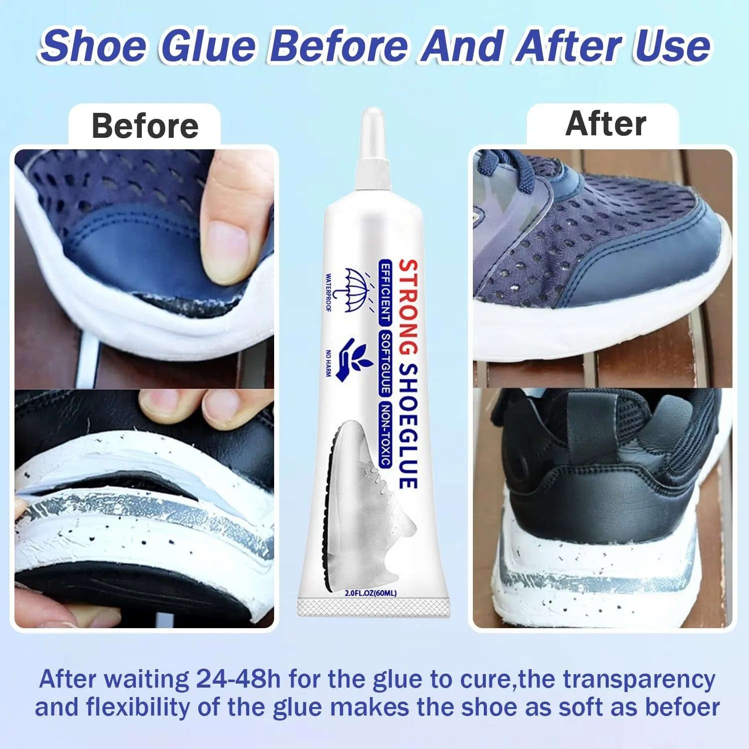 Shoe Glue Sole Repair, Slow-Drying Transparent Shoe Repair Glue Kit, Waterproof, Non-Hardening Adhesive