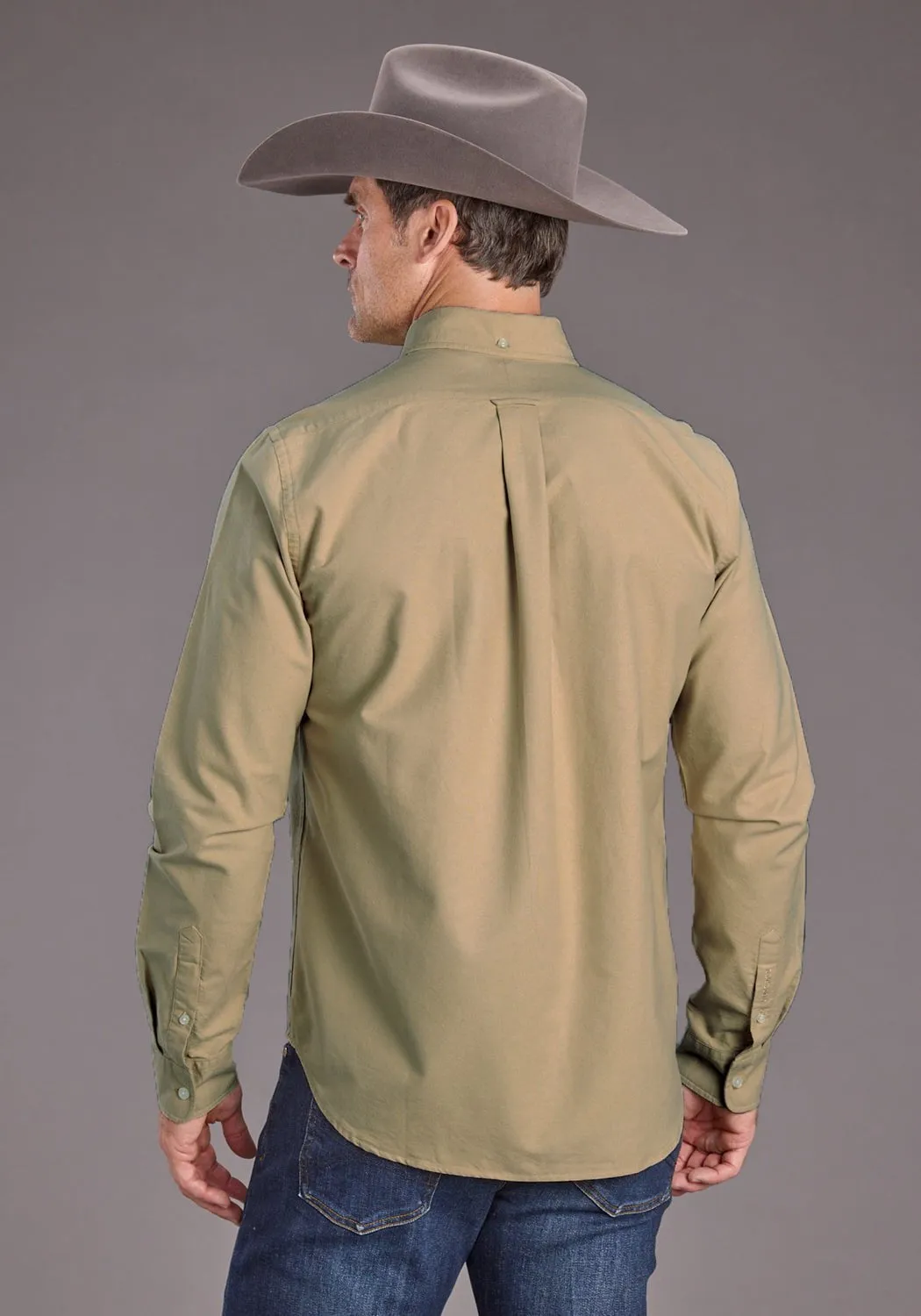 Stetson Mens 2447 Peached Oxford Khaki 100% Cotton 1 Pkt L/S Shirt