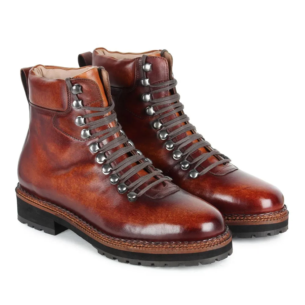 Tan Mirror Glossed Patina Hiker Lightweight Boot