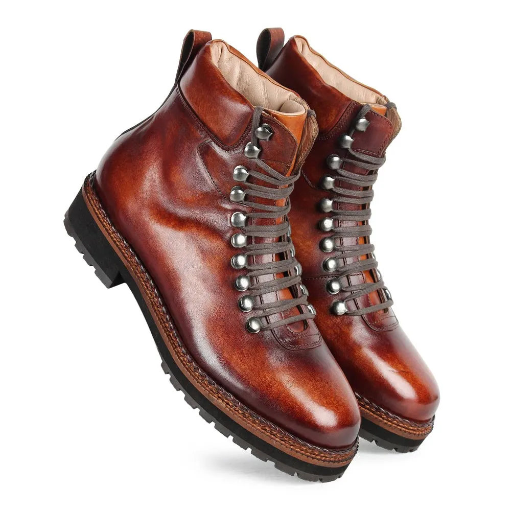 Tan Mirror Glossed Patina Hiker Lightweight Boot