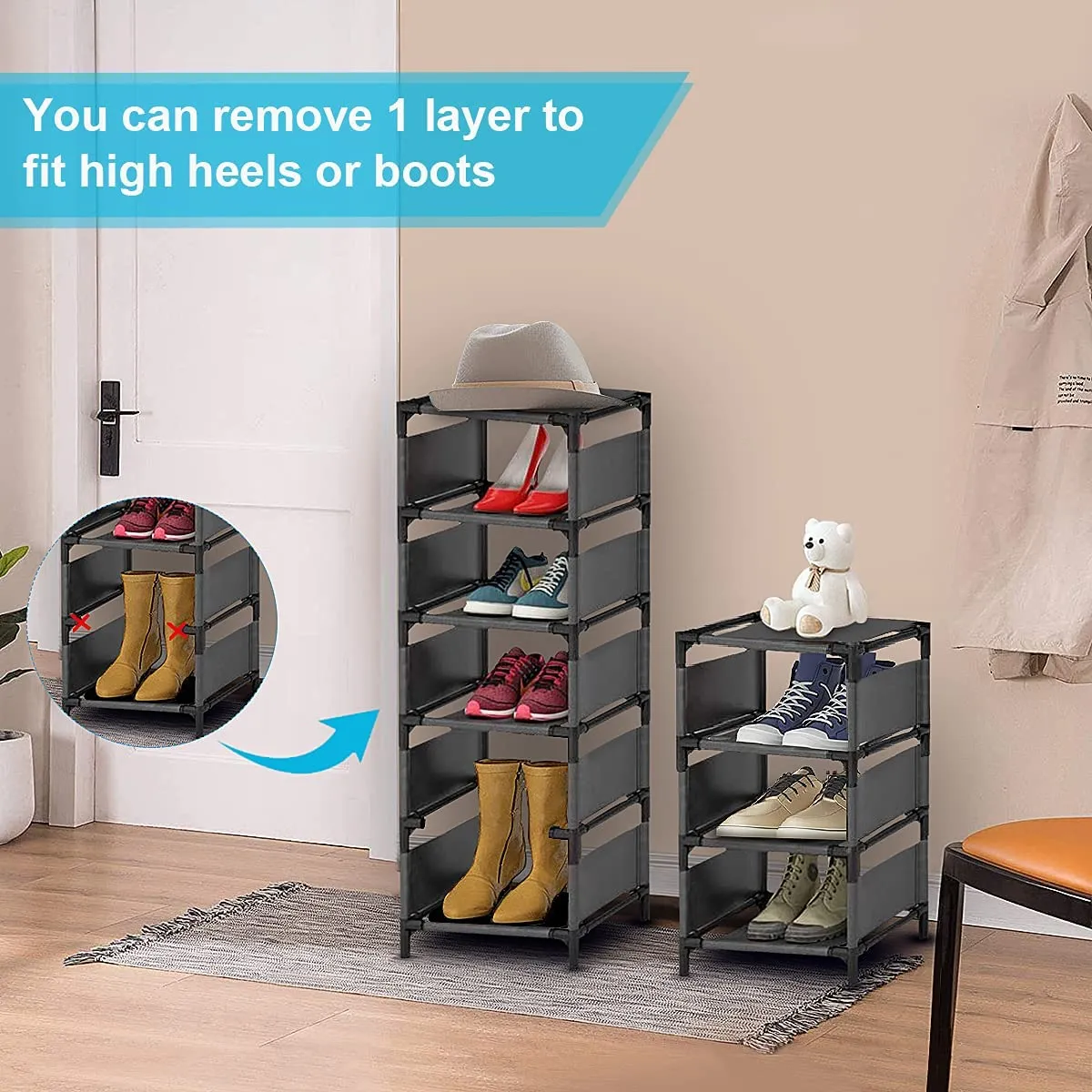Vertical Entryway Shoe Storage Rack  - With Side and Top Fabric Cover Cloth - 7 Tier